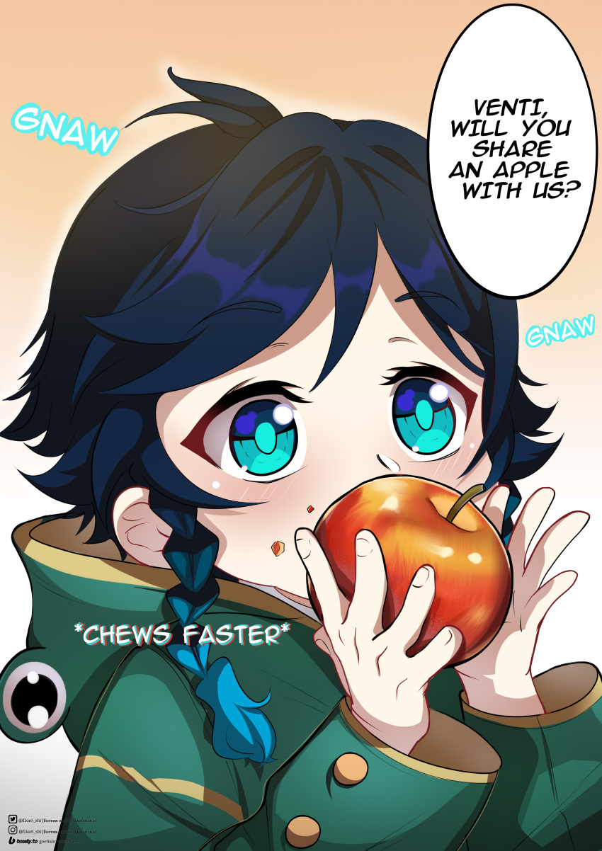 1boy, absurdres, aged_down, animal_costume, apple, aqua_eyes, black_hair, blue_hair
