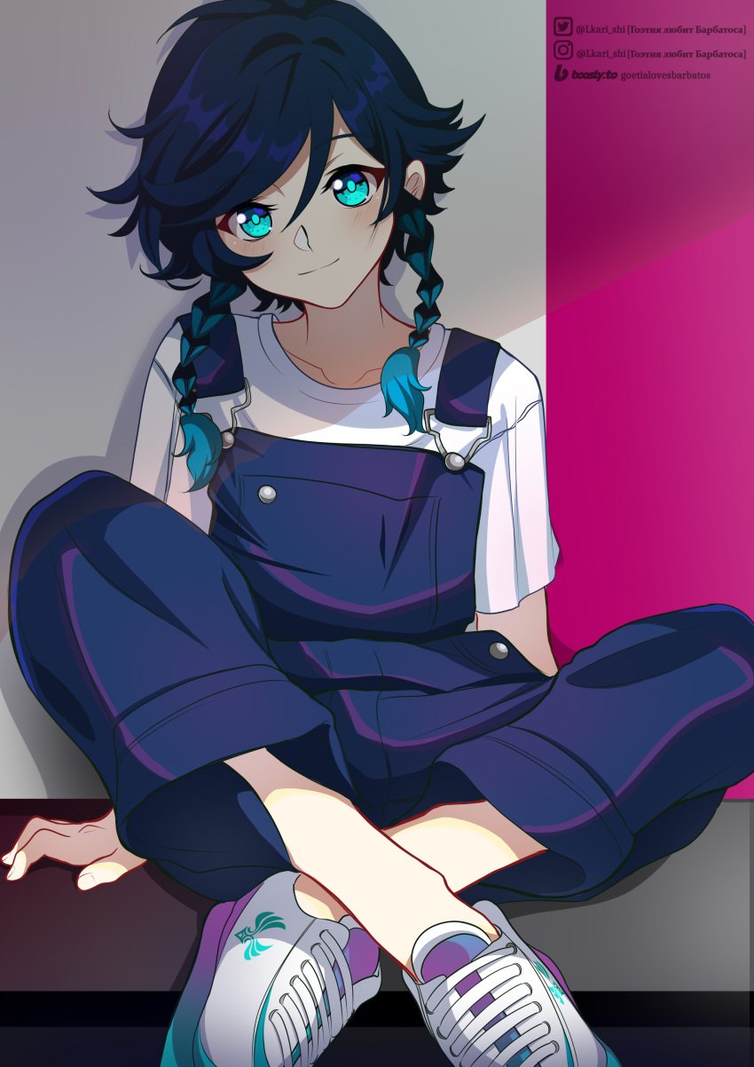 1boy, absurdres, alternate_costume, blue_hair, blue_overalls, braid, closed_mouth, genshin_impact