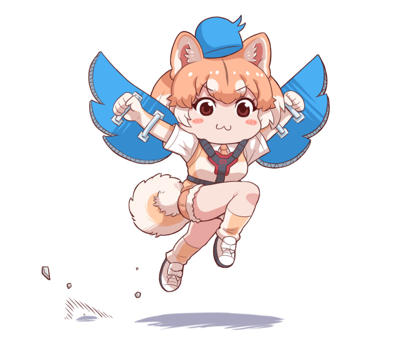 >:), :3, animal_ears, arms_up, brown_eyes, brown_hair, chest_harness, chibi