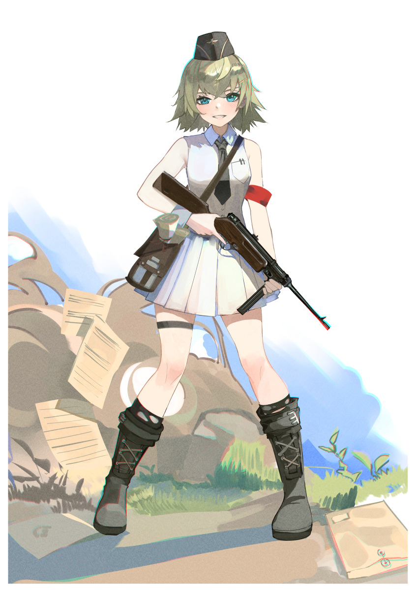 1girl, absurdres, armband, black_footwear, black_headwear, black_necktie, blonde_hair, blue_eyes