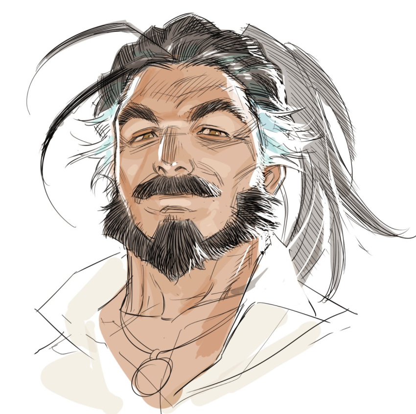 1boy, ahoge, another_eidos-r, beard, black_hair, brown_eyes, character_request, facial_hair