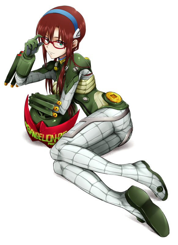 aqua_eyes, arm_support, bodysuit, brown_hair, evangelion:_2.0_you_can_(not)_advance, glasses, hairband, helmet