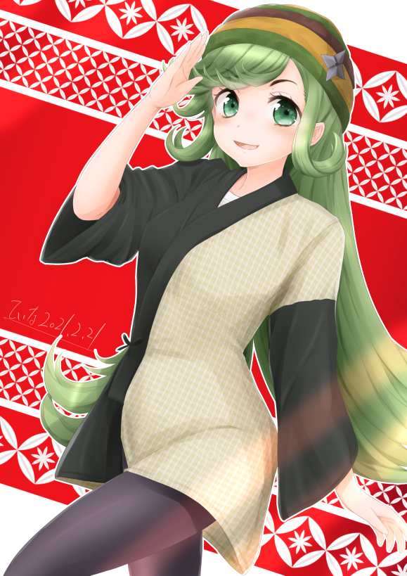 1girl, beanie, black_pantyhose, green_eyes, green_hair, grimoire_~shiritsu_grimoire_mahou_gakuen~, hand_up, hat, hat_ornament, hattori_azusa, japanese_clothes, long_hair, pantyhose, red_background, samue, teina