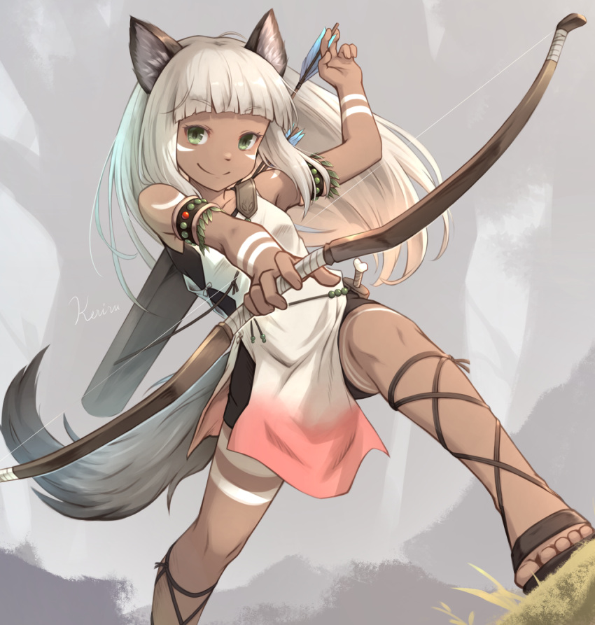 1girl, animal_ears, archery, armlet, arrow_(projectile), black_shorts, bow_(weapon), brown_footwear