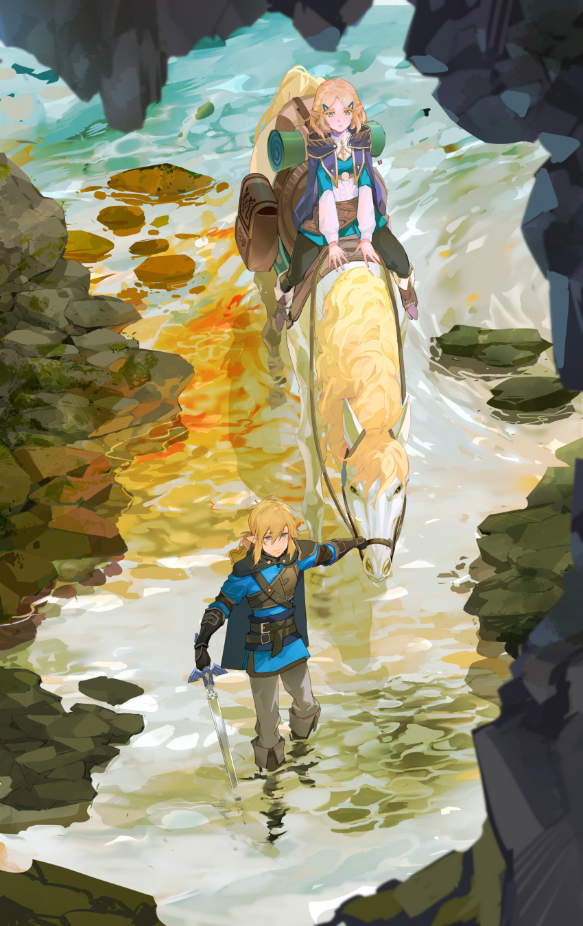 1boy, 1girl, absurdres, blonde_hair, blue_eyes, blue_tunic, hair_between_eyes, hair_ornament