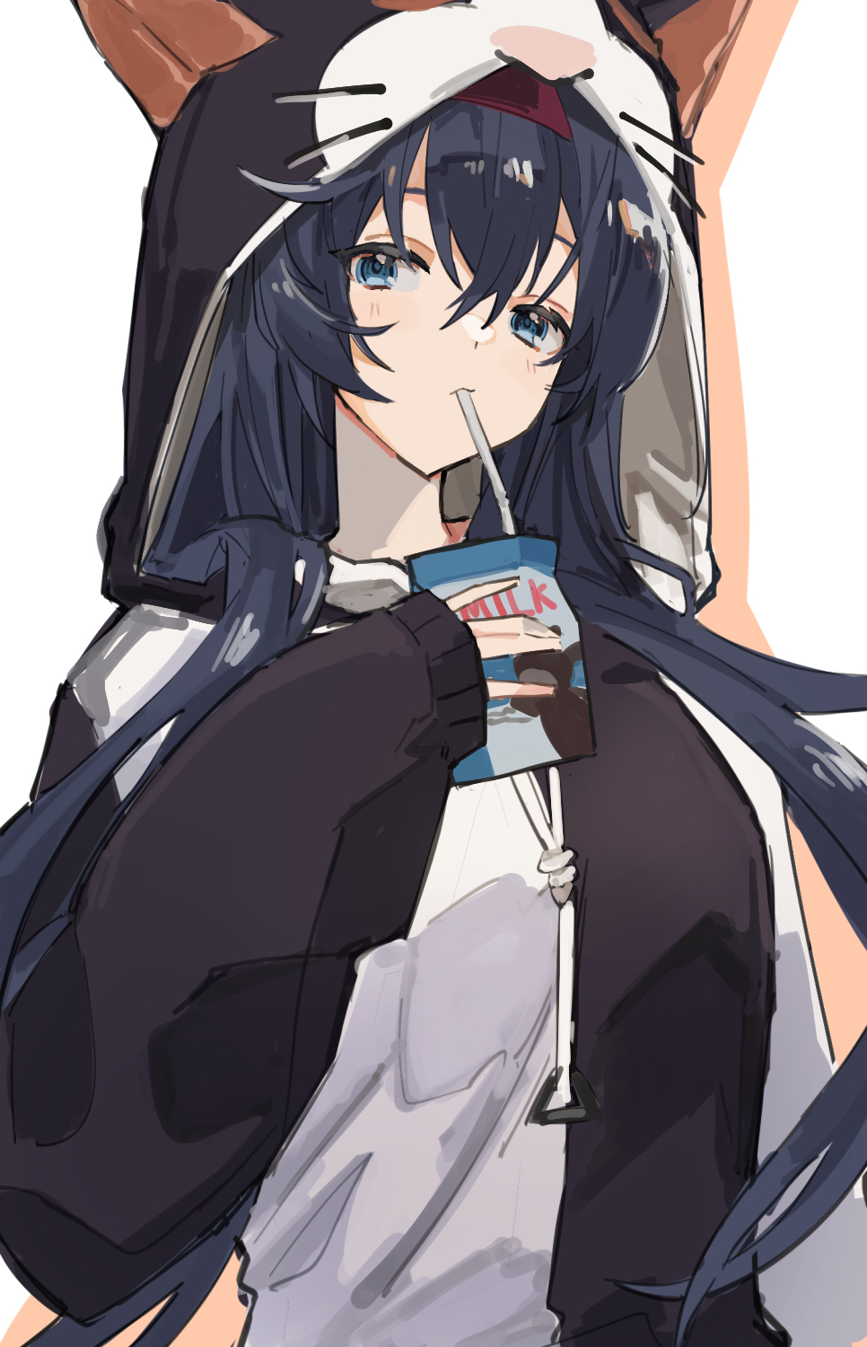 1girl, :3, animal_costume, arknights, blaze_(arknights), blue_eyes, blue_hair, blush, cat_costume, closed_mouth, cosplay, drinking, drinking_straw, hairband, highres, kigurumi, long_hair, long_sleeves, looking_at_viewer, milk_carton, red_hairband, shiduki_eku, solo, upper_body, very_long_hair
