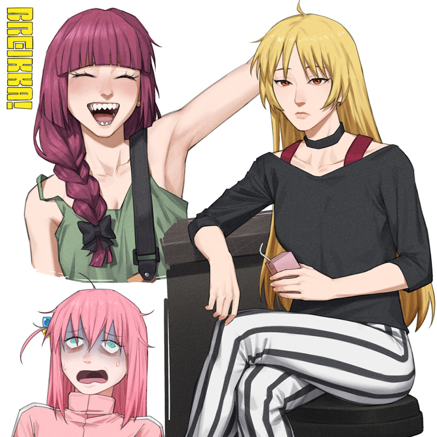 3girls, arm_up, armpits, artist_name, blonde_hair, blue_eyes, blunt_bangs, bocchi_the_rock!, bow, braid, breikka, choker, closed_mouth, collarbone, crossed_legs, elbow_rest, empty_eyes, expressionless, gotou_hitori, hair_between_eyes, hair_bow, holding, ijichi_seika, kita_ikuyo, lips, long_hair, looking_at_viewer, low-tied_long_hair, messy_hair, multiple_girls, on_stool, open_mouth, orange_eyes, outstretched_arm, pants, pink_hair, sharp_teeth, shirt, simple_background, single_braid, sitting, smile, stool, striped, striped_pants, sweat, teeth, turn_pale, very_long_hair, white_background