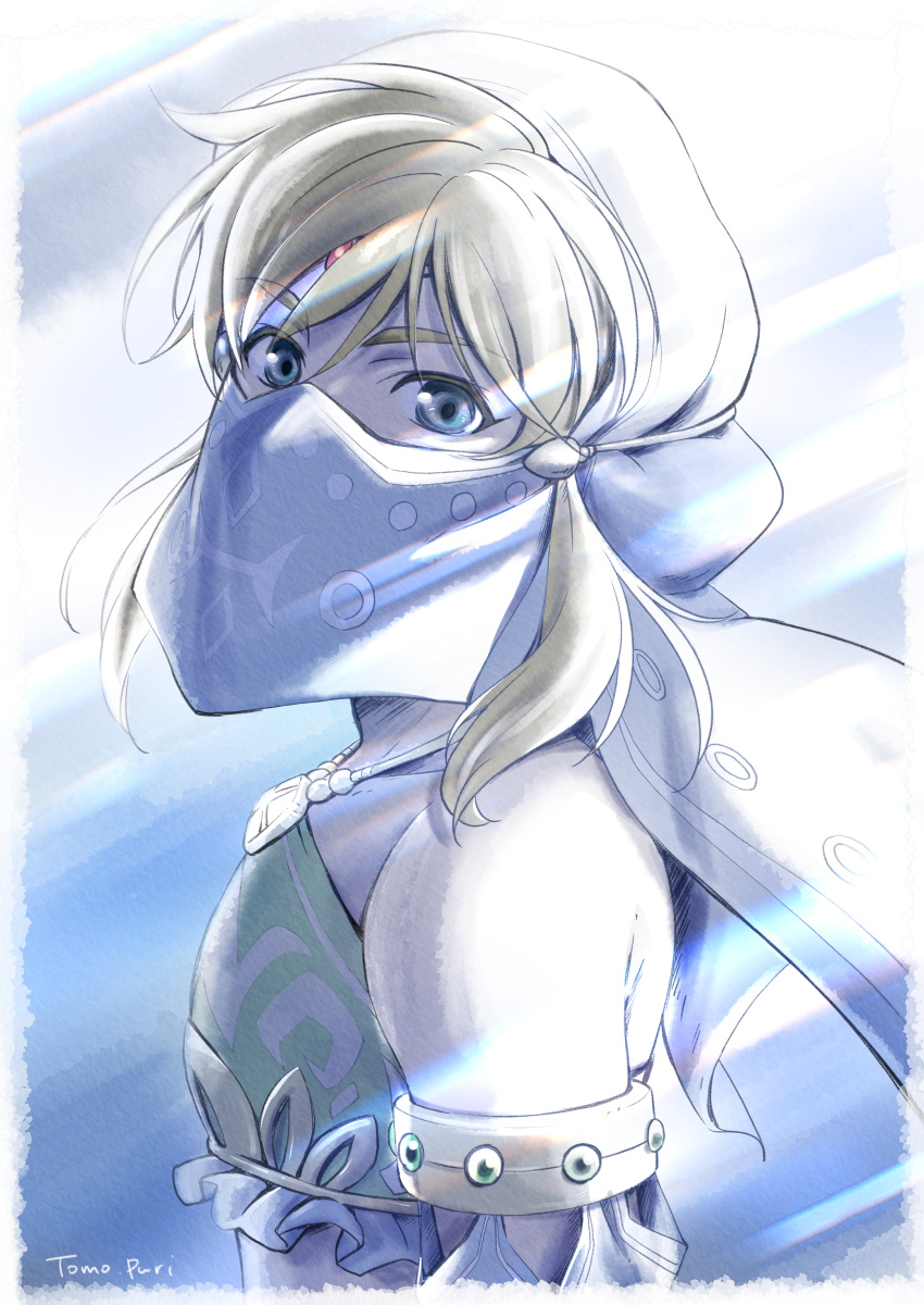 absurdres, bare_shoulders, blue_eyes, circlet, crop_top, detached_sleeves, from_side, gerudo_set_(zelda)