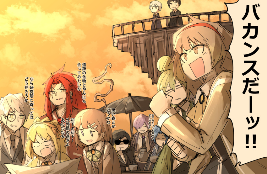 5boys, 6+girls, ahoge, angry, binah_(project_moon), black_hair, blonde_hair, blue_hair