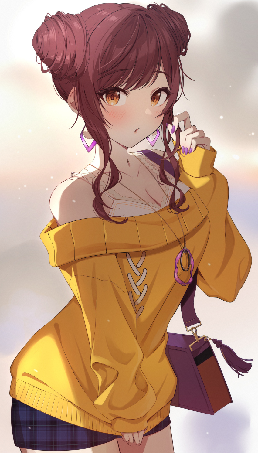 1girl, absurdres, bag, bare_shoulders, blush, clothes_tug, collarbone, double_bun