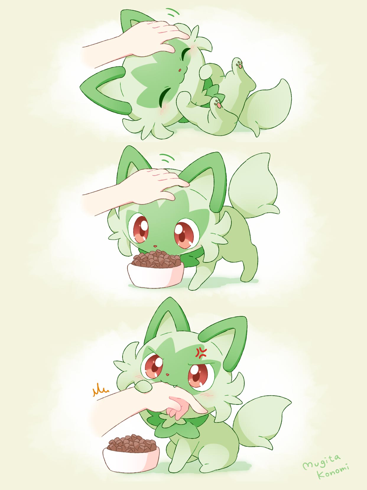 :3, ^^^, anger_vein, artist_name, biting, bowl, closed_eyes, closed_mouth, eating, finger_biting, hand_on_another's_hand, headpat, highres, lying, motion_lines, mugita_konomi, on_side, pawpads, pet_bowl, pokemon, pokemon_(creature), pov, red_eyes, simple_background, sitting, sprigatito, v-shaped_eyebrows, yellow_background