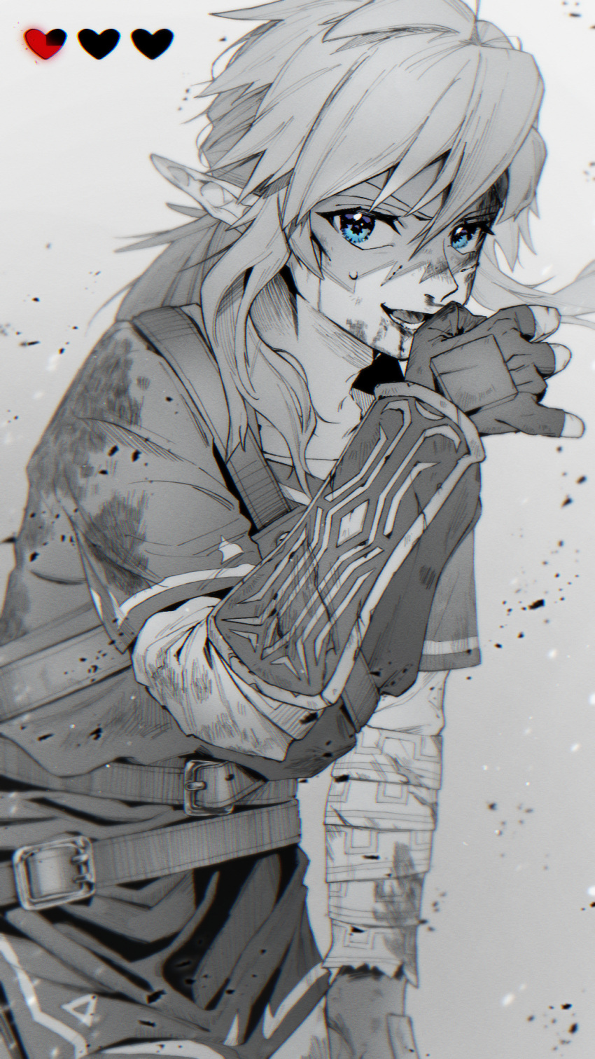 ao_haruki, blood, blood_on_face, blue_eyes, dirty, dirty_clothes, fingerless_gloves, gauntlets
