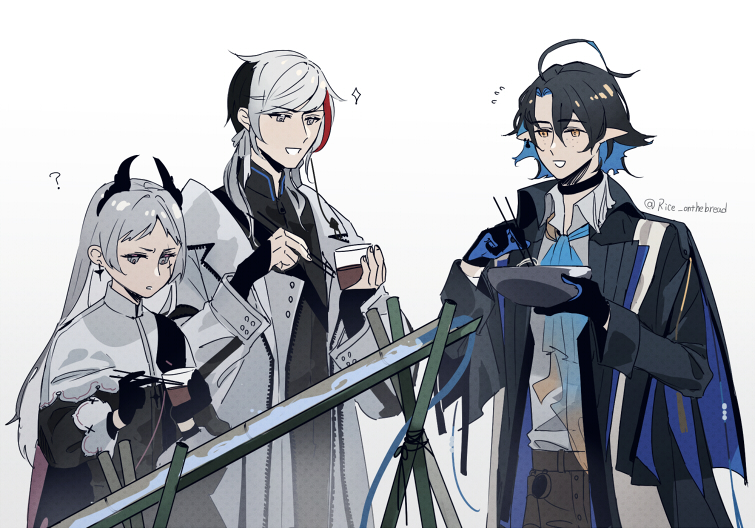1girl, 2boys, :d, ?, ahoge, andou_(miura_kon), arknights, ascot, bamboo, black_feathers, blue_ascot, blue_coat, bowl, capelet, chopsticks, coat, commentary, confused, earrings, elysium_(arknights), feathers, flying_sweatdrops, freckles, grey_eyes, grey_hair, head_wings, holding, holding_bowl, holding_chopsticks, irene_(arknights), jewelry, lumen_(arknights), multiple_boys, nagashi_soumen, open_mouth, pointy_ears, simple_background, smile, sparkle, standing, tsuyu_sauce, two-tone_gloves, water, white_background, white_capelet, white_coat, yellow_eyes