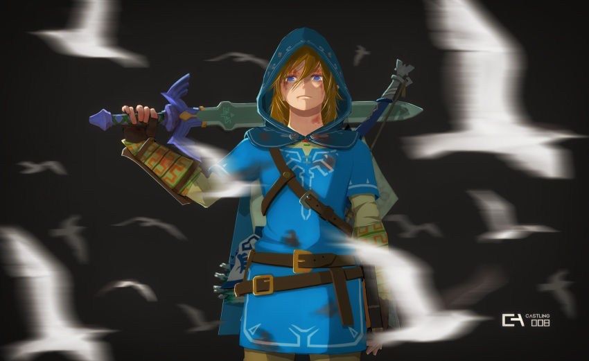 bird, blue_eyes, blue_tunic, bow_(weapon), castlings, fingerless_gloves, gauntlets, gloves, hair_between_eyes, highres, holding, holding_sword, holding_weapon, hood, hood_up, light_brown_hair, link, looking_at_viewer, master_sword, scratches, shield_on_back, sword, the_legend_of_zelda, the_legend_of_zelda:_breath_of_the_wild, weapon, white_bird