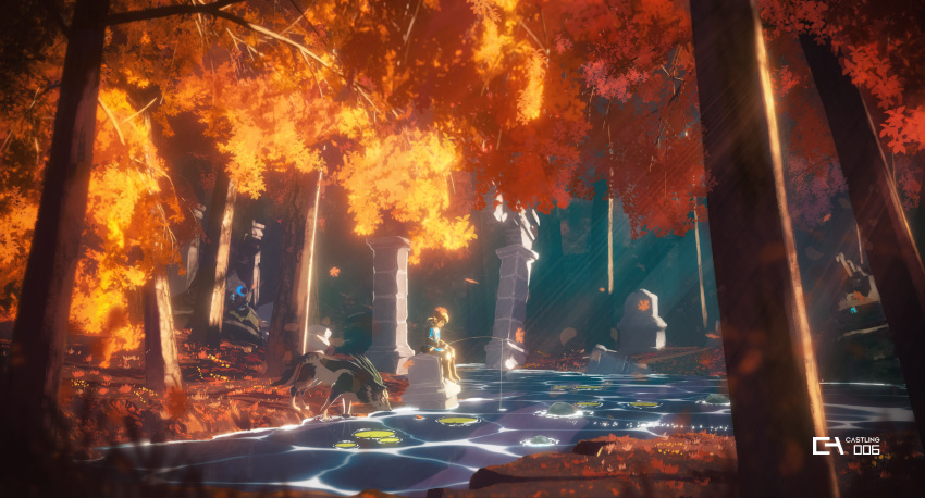 absurdres, autumn_leaves, blue_tunic, boots, brown_pants, castlings, fishing, fishing_rod