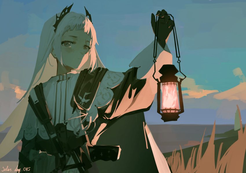 1girl, 1solis000, absurdres, arknights, black_cape, black_dress, black_gloves, blue_sky, cape, capelet, dress, field, fire, gloves, grey_eyes, gun, handgun, head_wings, highres, holding, holding_lantern, holstered, irene_(arknights), lantern, long_sleeves, looking_at_viewer, pink_fire, puffy_long_sleeves, puffy_sleeves, rapier, sheath, sheathed, short_bangs, sidelocks, sky, solo, sword, weapon, white_capelet, white_hair