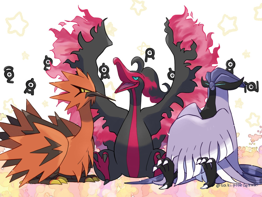 artist_name, black_eyes, blue_eyes, closed_mouth, colored_sclera, commentary_request, fiery_wings, galarian_articuno