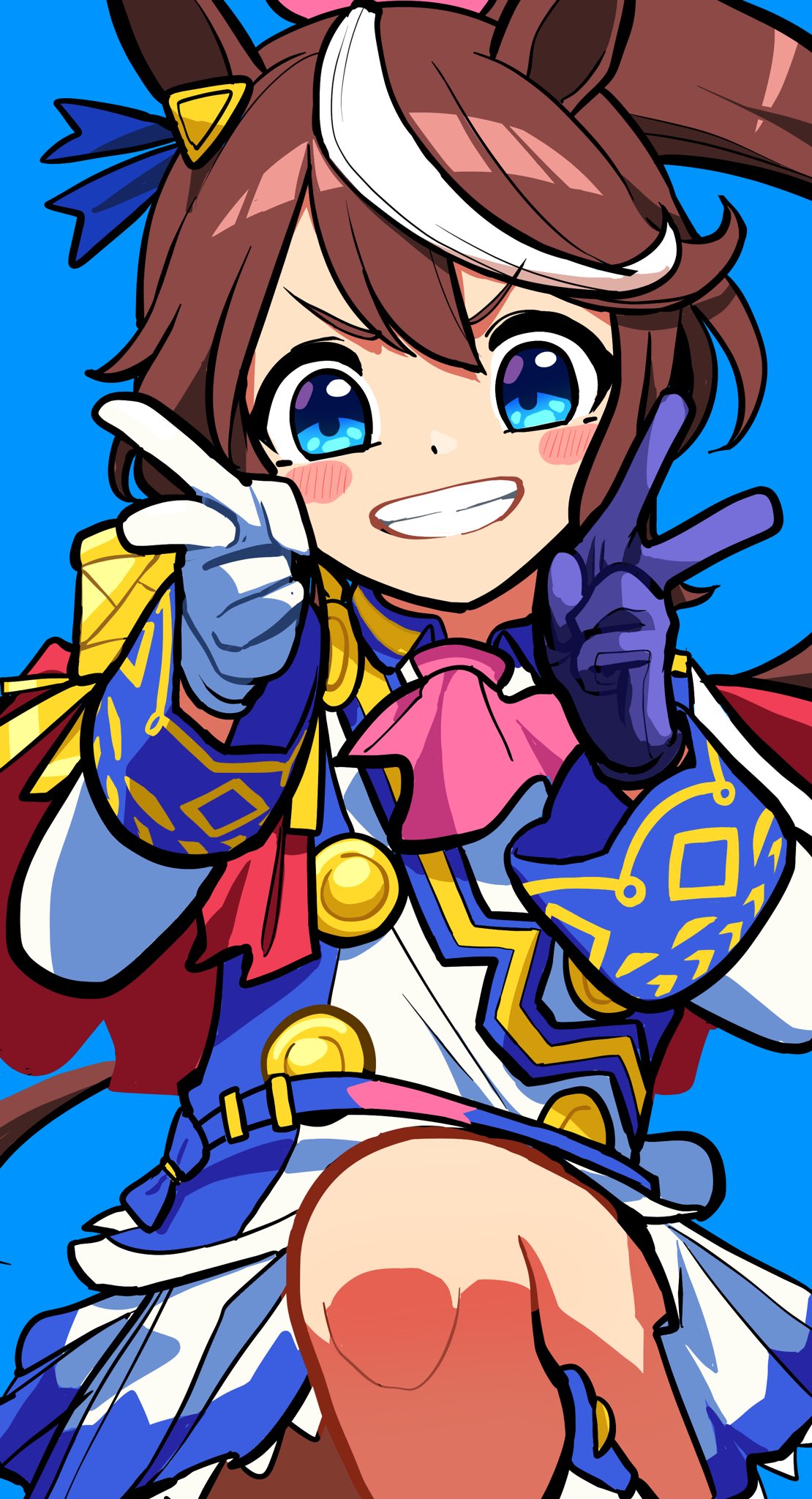 animal_ears, ascot, asymmetrical_gloves, ear_bow, epaulettes, gloves, high_ponytail, highres, horse_ears, horse_girl, horse_tail, mismatched_gloves, multicolored_hair, tail, takuan_(taku1219oekaki), tokai_teio_(umamusume), two-tone_hair, umamusume