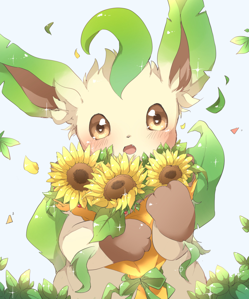 absurdres, blush, bouquet, brown_eyes, chiko_(chi_p_71), falling_leaves, falling_petals, flower, green_ribbon, highres, holding, holding_bouquet, leaf, leafeon, looking_at_viewer, open_mouth, petals, pokemon, pokemon_(creature), ribbon, solo, sparkle, sunflower