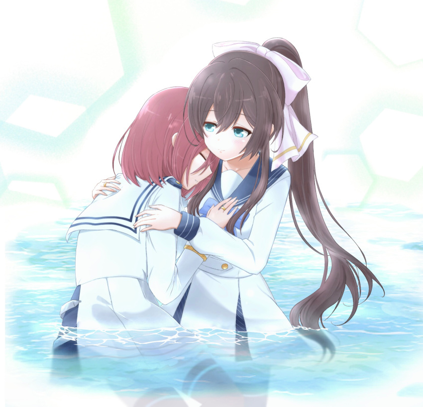 2girls, aqua_eyes, assault_lily, black_thighhighs, blue_sailor_collar, bow, bowtie, brown_hair