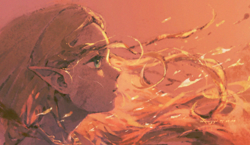 blonde_hair, floating_hair, from_side, green_eyes, highres, kchang57, long_hair, orange_theme, pointy_ears, portrait, princess_zelda, princess_zelda_(botw), profile, sunlight, the_legend_of_zelda, the_legend_of_zelda:_breath_of_the_wild