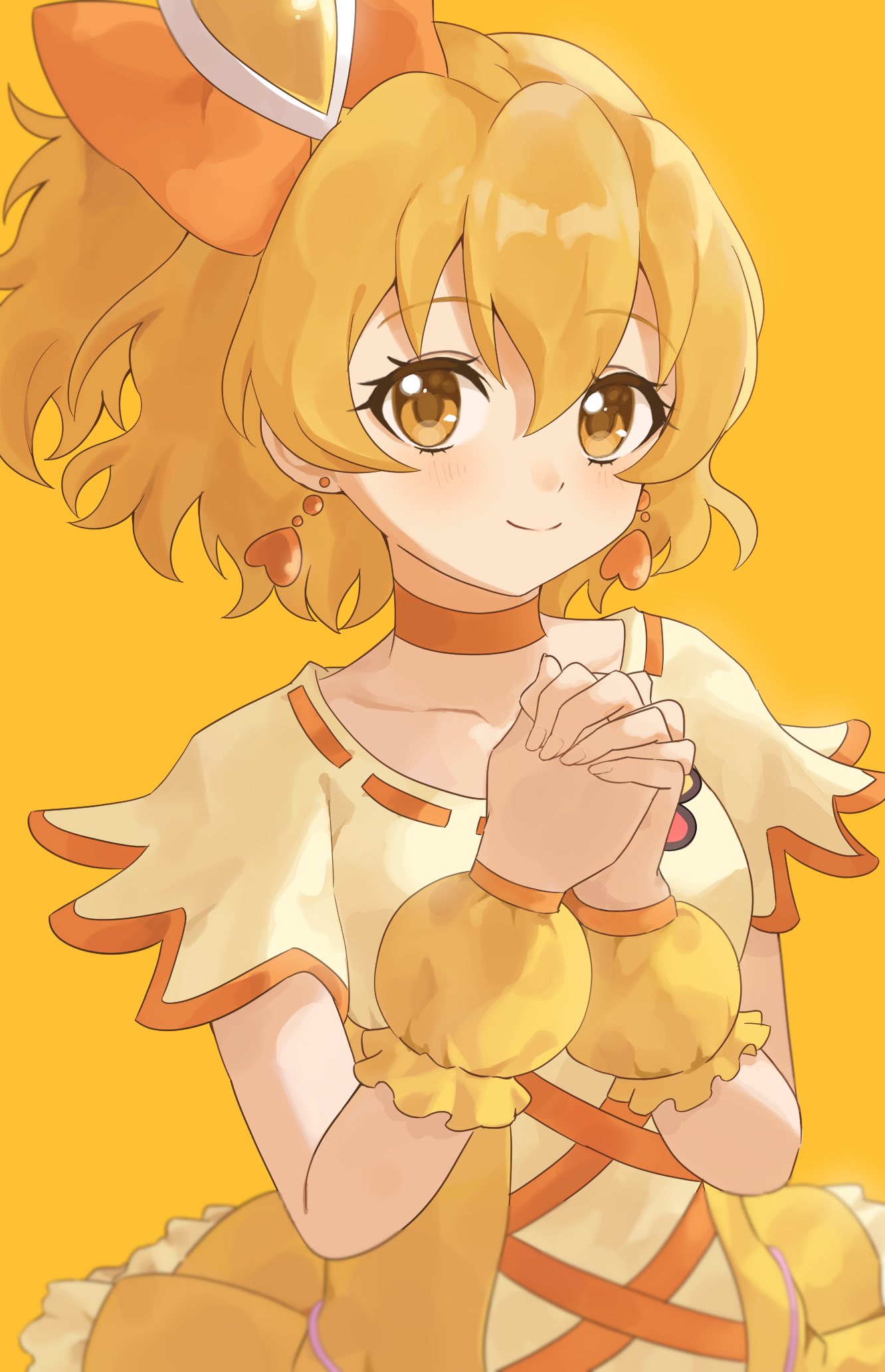 1girl, blonde_hair, breasts, brooch, brown_eyes, choker, clover_ornament, cure_pine