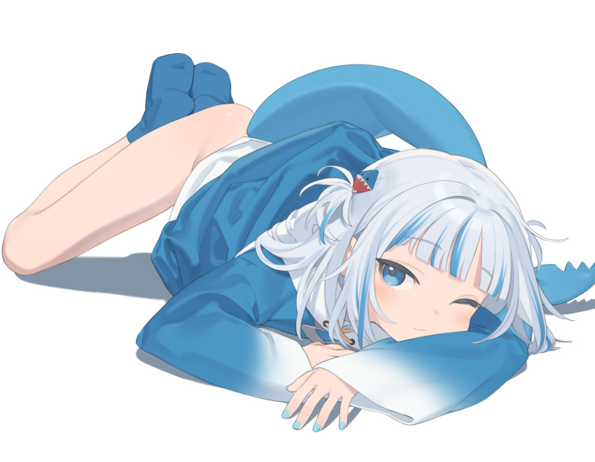 1girl, blue_eyes, blue_hair, blue_jacket, blue_socks, closed_mouth, commentary, fins