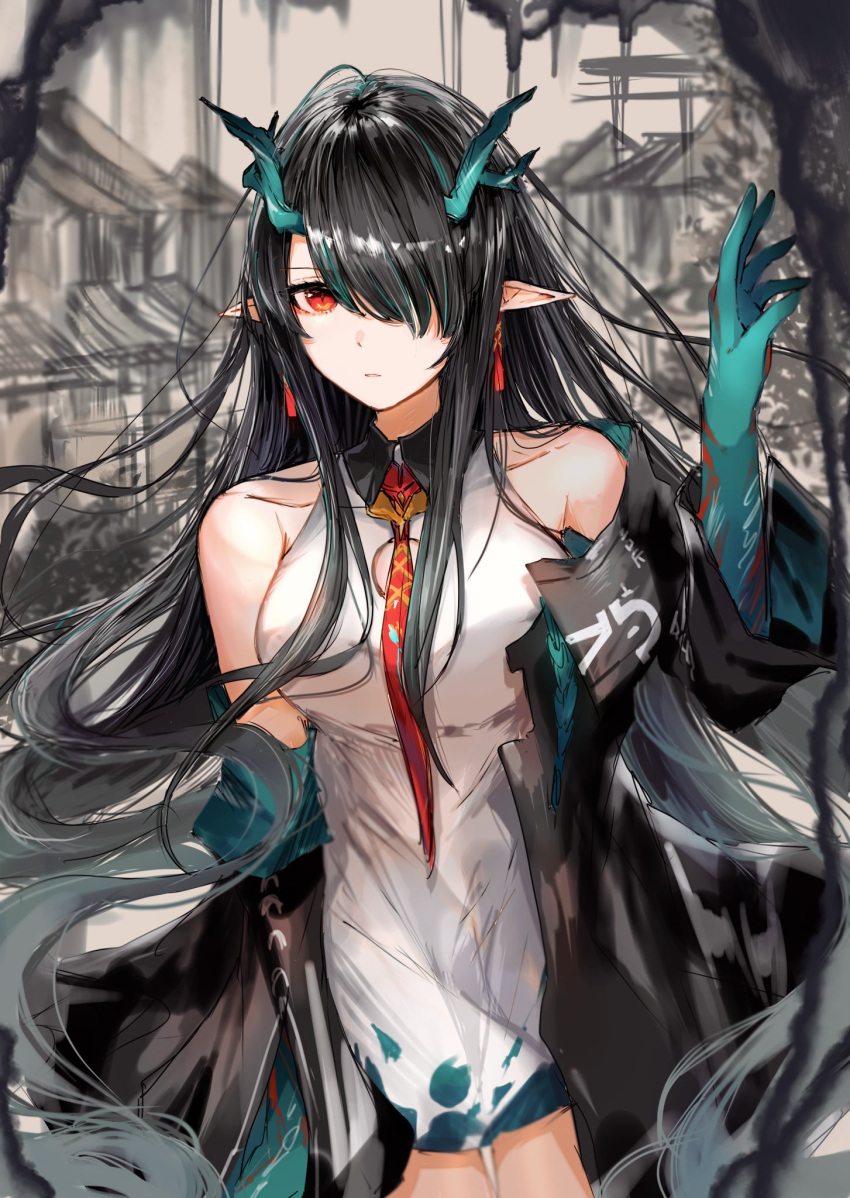 1girl, arknights, bare_shoulders, black_hair, black_jacket, breasts, dragon_girl, dragon_horns