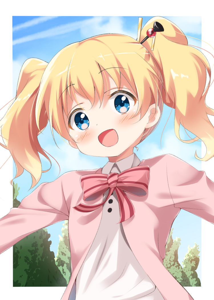 1girl, alice_cartelet, blonde_hair, blue_eyes, blush, border, bow, bowtie