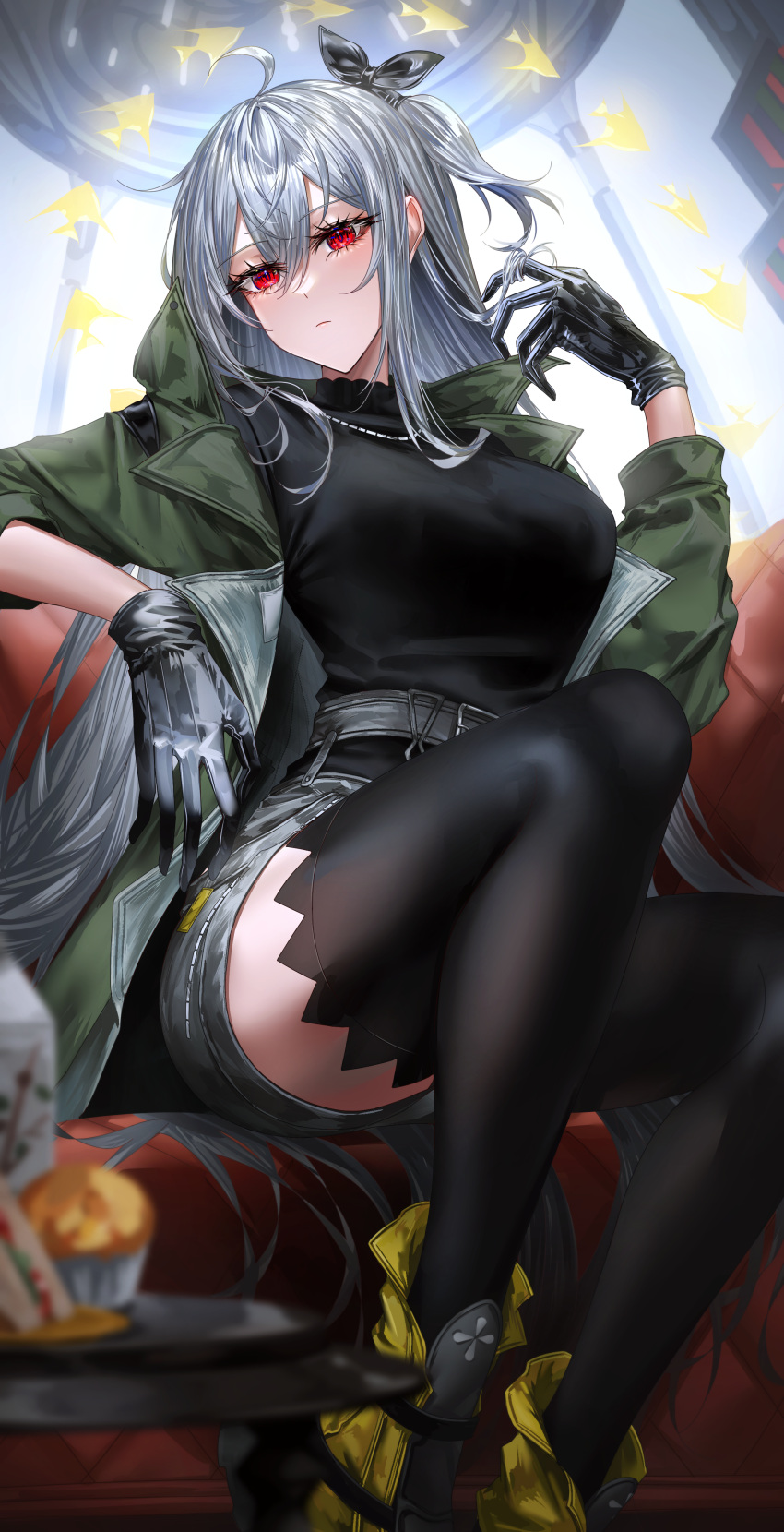 1girl, absurdres, ahoge, akqne, angelfish, arknights, belt, black_bow