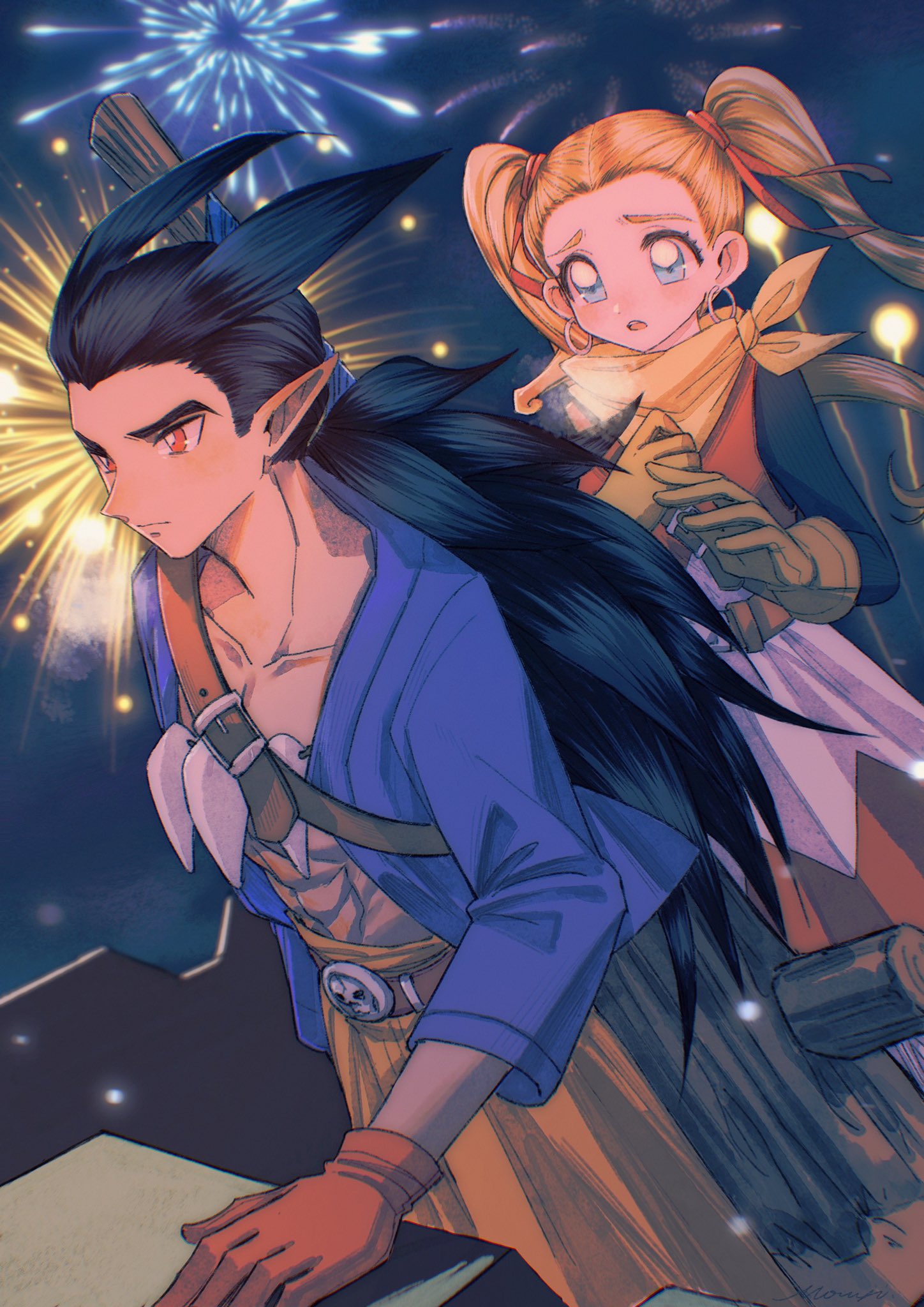 1boy, 1girl, black_hair, black_shirt, blonde_hair, blue_eyes, blue_jacket, blush
