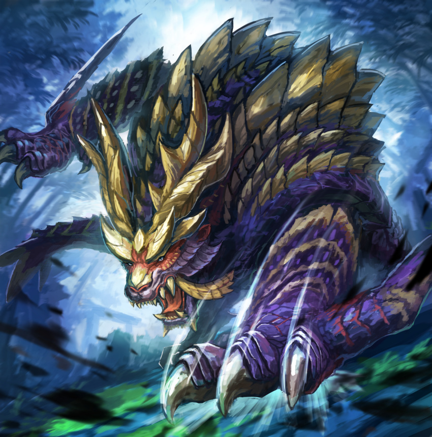 absurdres, arm_blade, blue_eyes, capcom, claws, eye_trail, fangs, forest