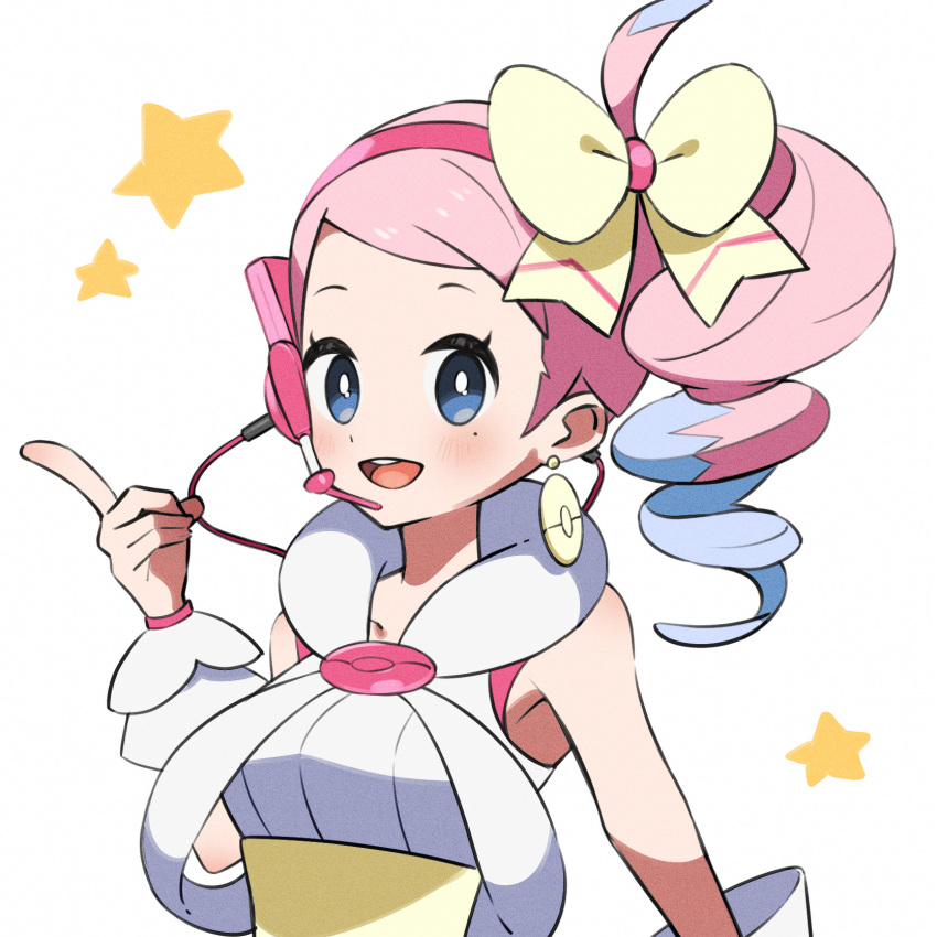 1girl, :d, blue_eyes, blush, bow, bright_pupils, commentary_request, earrings
