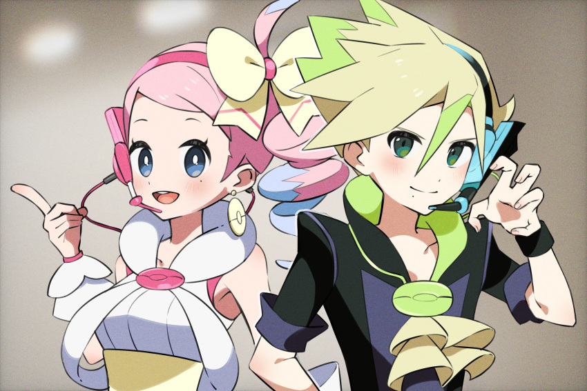 1boy, 1girl, :d, black_shirt, black_wristband, blonde_hair, blue_eyes, blush