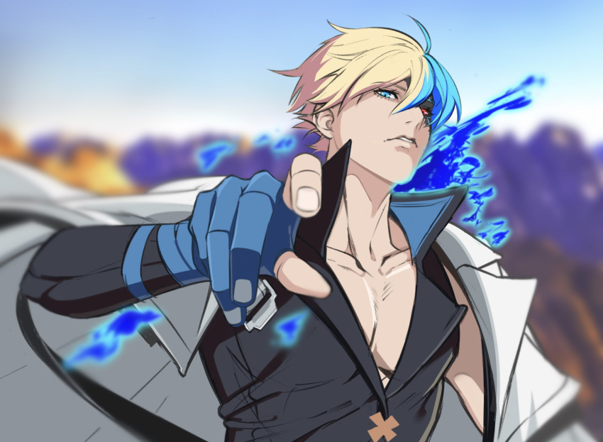 1boy, ark1478, bishounen, blonde_hair, blue_eyes, blue_hair, dragon_install, fingerless_gloves