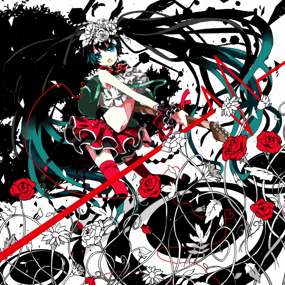 bird, bless_you_(module), crow, flower, frilled_skirt, frills, guitar, hair_flower, hair_ornament, hatsune_miku, hexagon, holding, holding_instrument, inkblot, instrument, looking_at_viewer, miniskirt, nisoku_hokou_(vocaloid), open_mouth, project_diva_(series), rose, shirotsuki_(sirokuro815), skirt, string, string_of_fate, thigh-highs, tree, twintails, vocaloid, zettai_ryouiki