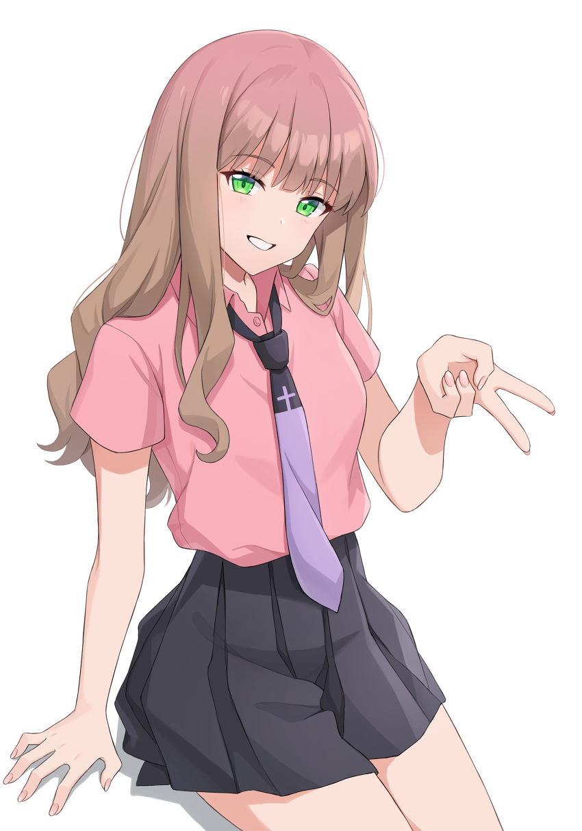 1girl, absurdres, black_skirt, collared_shirt, commentary, green_eyes, gridman_universe, grin