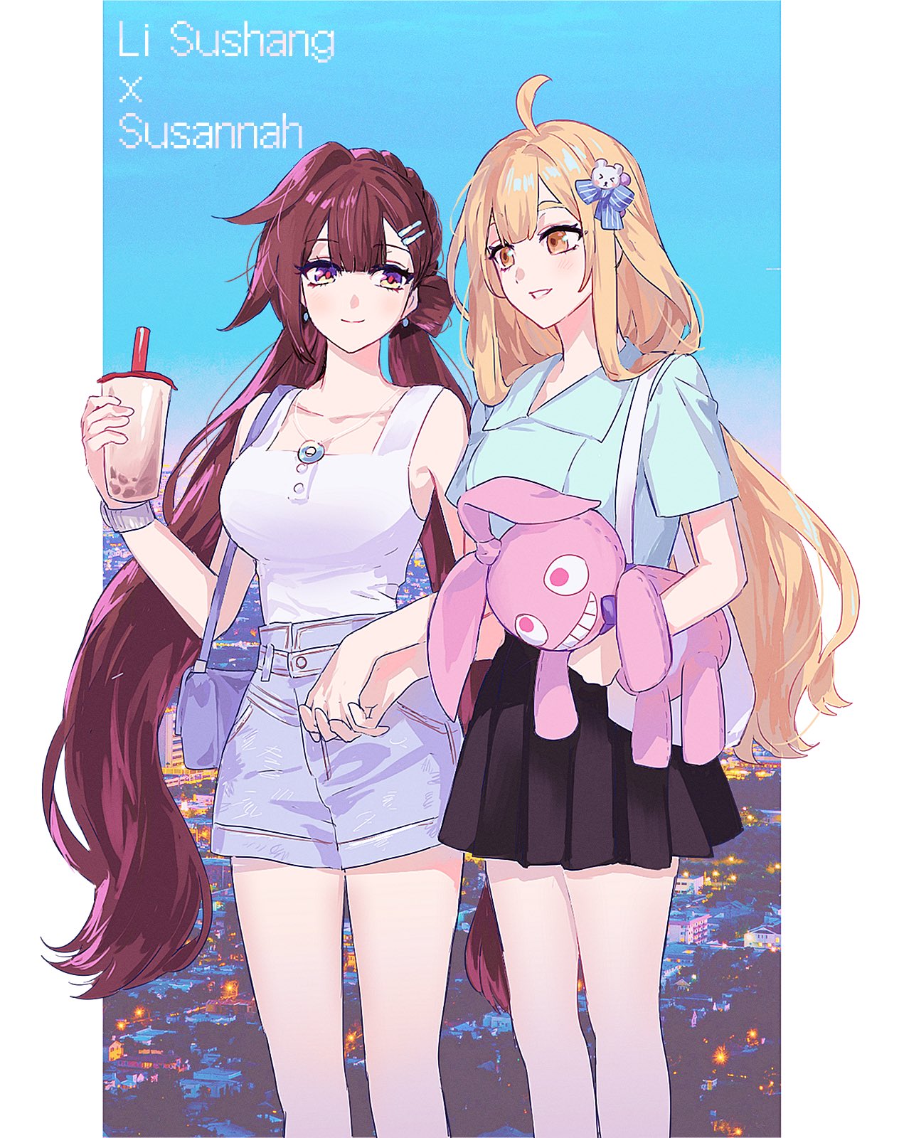 >_<, 2girls, ahoge, alternate_costume, bare_legs, bear_hair_ornament, black_skirt, blue_bag, blue_shirt, breasts, brown_hair, bubble_tea, buttons, character_name, collarbone, commentary, couple, cup, feet_out_of_frame, hair_ornament, highres, holding, holding_cup, holding_hands, homei_(honkai_impact), honkai_(series), honkai_impact_3rd, jewelry, jubeol126, large_breasts, li_sushang, long_hair, looking_at_another, multiple_girls, necklace, orange_eyes, orange_hair, outdoors, parted_lips, shirt, short_sleeves, shorts, skirt, sleeveless, standing, stuffed_animal, stuffed_toy, susannah_(honkai_impact), very_long_hair, white_bag, white_shirt
