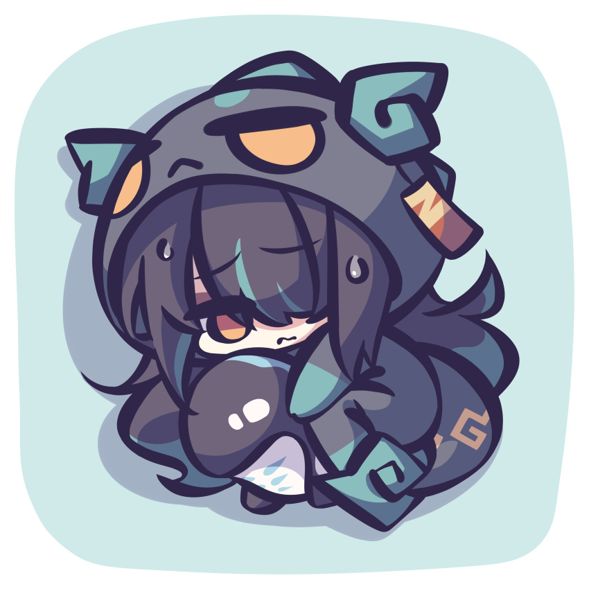 1girl, absurdres, arknights, bitey_(arknights), black_hair, black_jacket, border, chibi