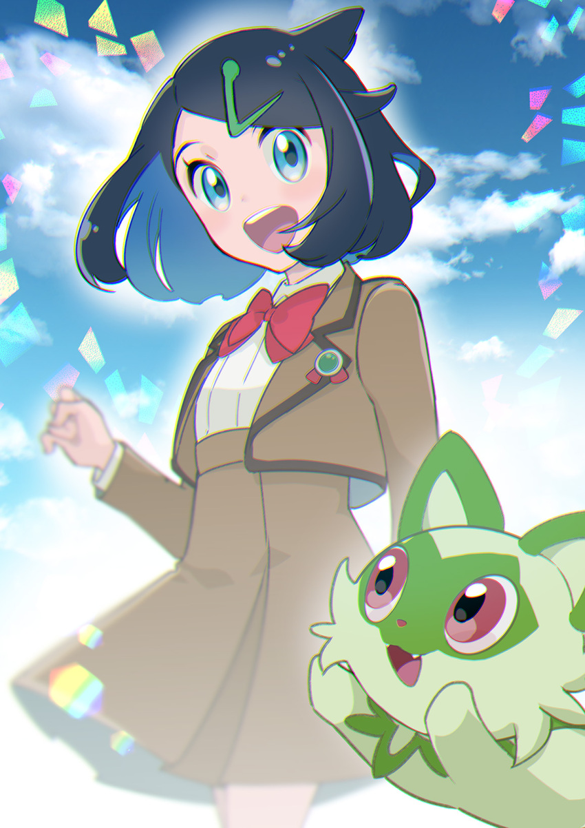 1girl, :d, black_hair, blue_eyes, blurry, bow, bowtie, brown_jacket