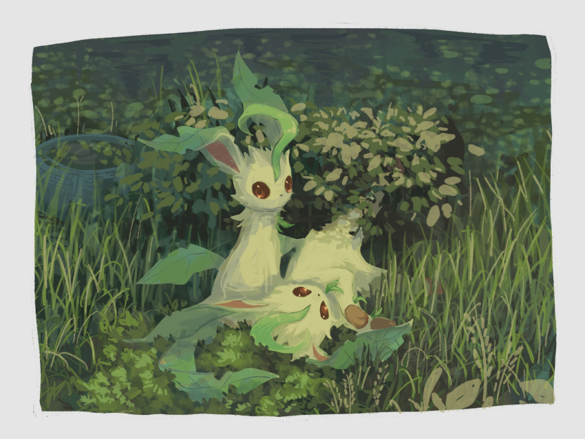 animal_focus, border, bowl, brown_eyes, commentary, grass, highres, leafeon, looking_at_viewer, looking_back, lying, nashimochi_4, no_humans, outdoors, pokemon, pokemon_(creature), sitting, symbol-only_commentary, white_border