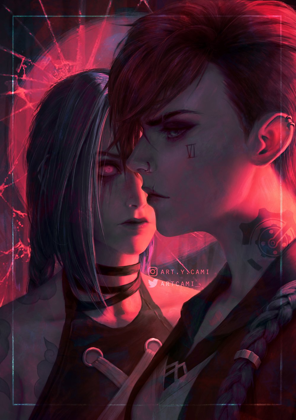 2girls, arcane:_league_of_legends, arcane_jinx, arcane_vi, artcami, braid, breasts, closed_mouth