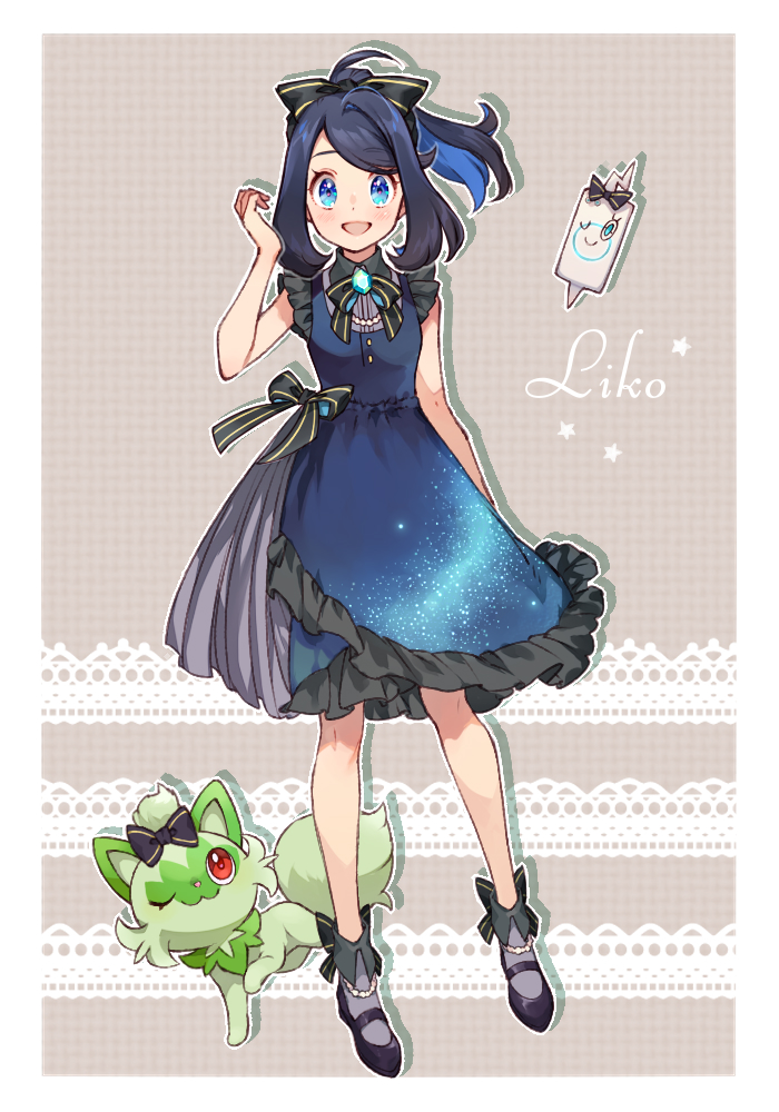 1girl, :d, black_bow, black_footwear, black_hair, blue_dress, blue_eyes, blush, border, bow, buttons, character_name, commentary_request, dress, frills, full_body, grey_socks, hair_ribbon, hand_up, knees, liko_(pokemon), looking_at_viewer, neck_ribbon, open_mouth, pokemon, pokemon_(anime), pokemon_(creature), pokemon_sv_(anime), ribbon, rotom, rotom_phone, sasairebun, shoes, smile, socks, sprigatito, white_border