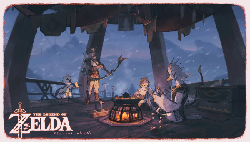 bird_boy, blonde_hair, bow_(weapon), campfire, child, dusk, highres, indoors