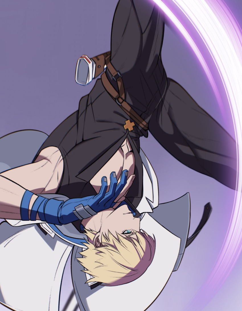 1boy, aqua_eyes, ark1478, bishounen, black_pants, blonde_hair, blue_gloves, fingerless_gloves