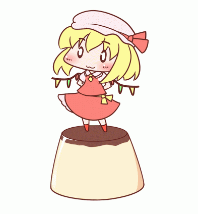 animated, animated_gif, arms_behind_back, blonde_hair, blush, chibi, flandre_scarlet, gif, lowres, maitora, o_o, pudding, pun, touhou