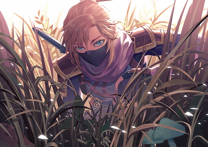 1boy, asymmetrical_bangs, blue_eyes, grass, iketsumi, light_brown_hair, link, mask