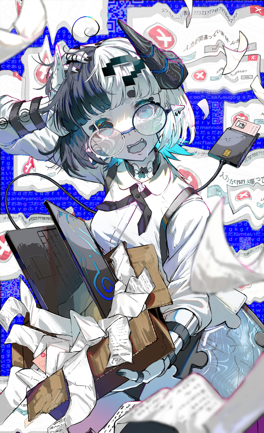 1girl, ?, @_@, ahoge, aqua_hair, arm_up, black_choker, black_eyes
