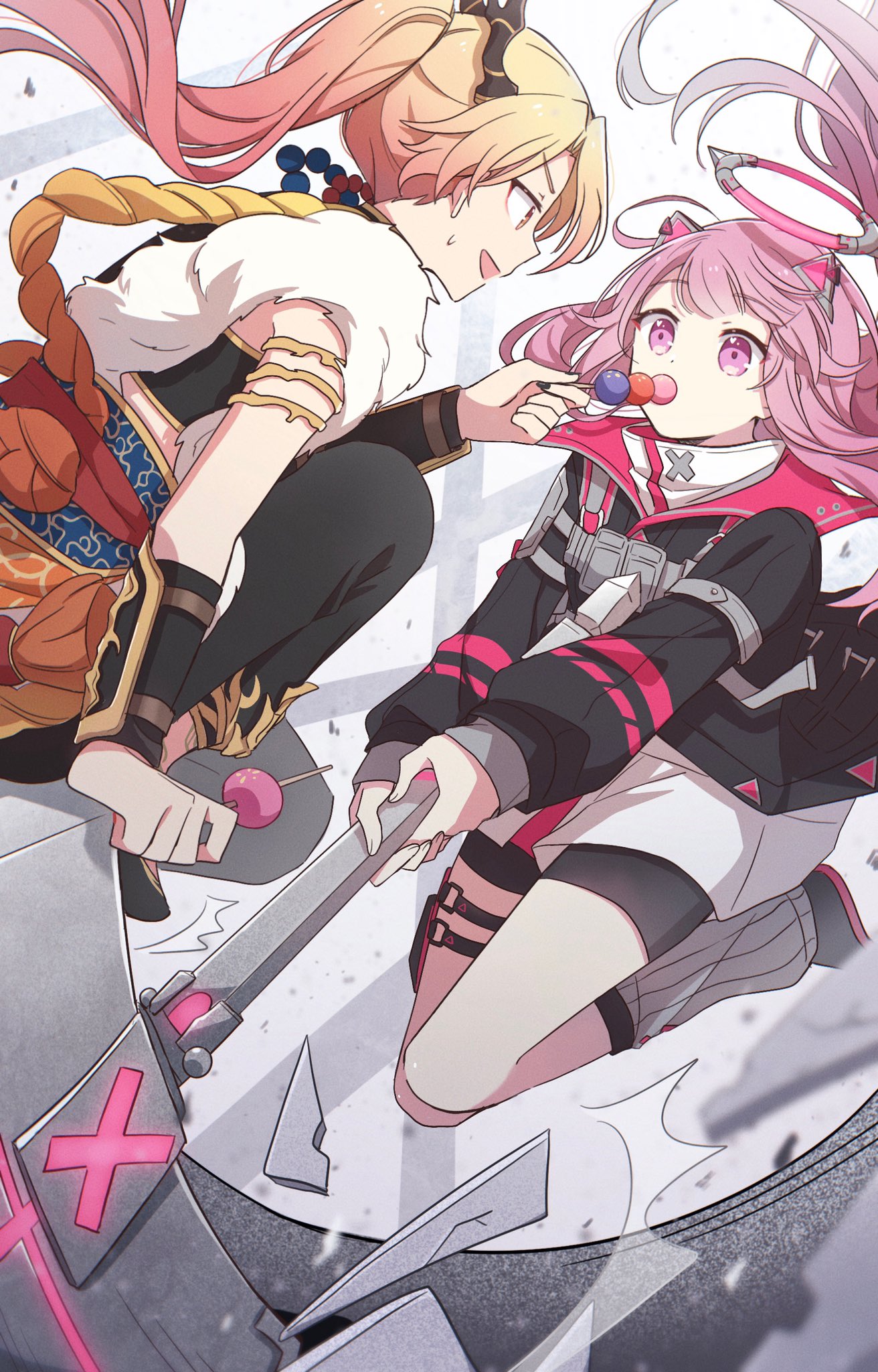 1boy, 1girl, bagel_land, black_nails, blonde_hair, close_game/offline_(project_sekai), clothing_request, commentary_request