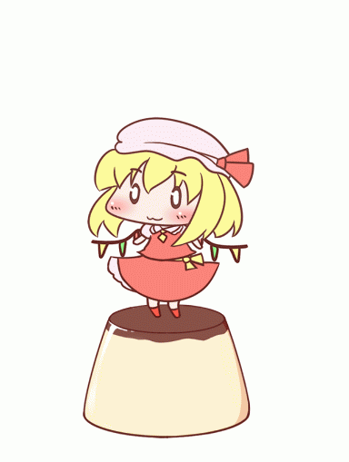 animated, animated_gif, blonde_hair, blush, chibi, flandre_scarlet, gif, hypnotic, jumping, maitora, o_o, pudding, pun, touhou